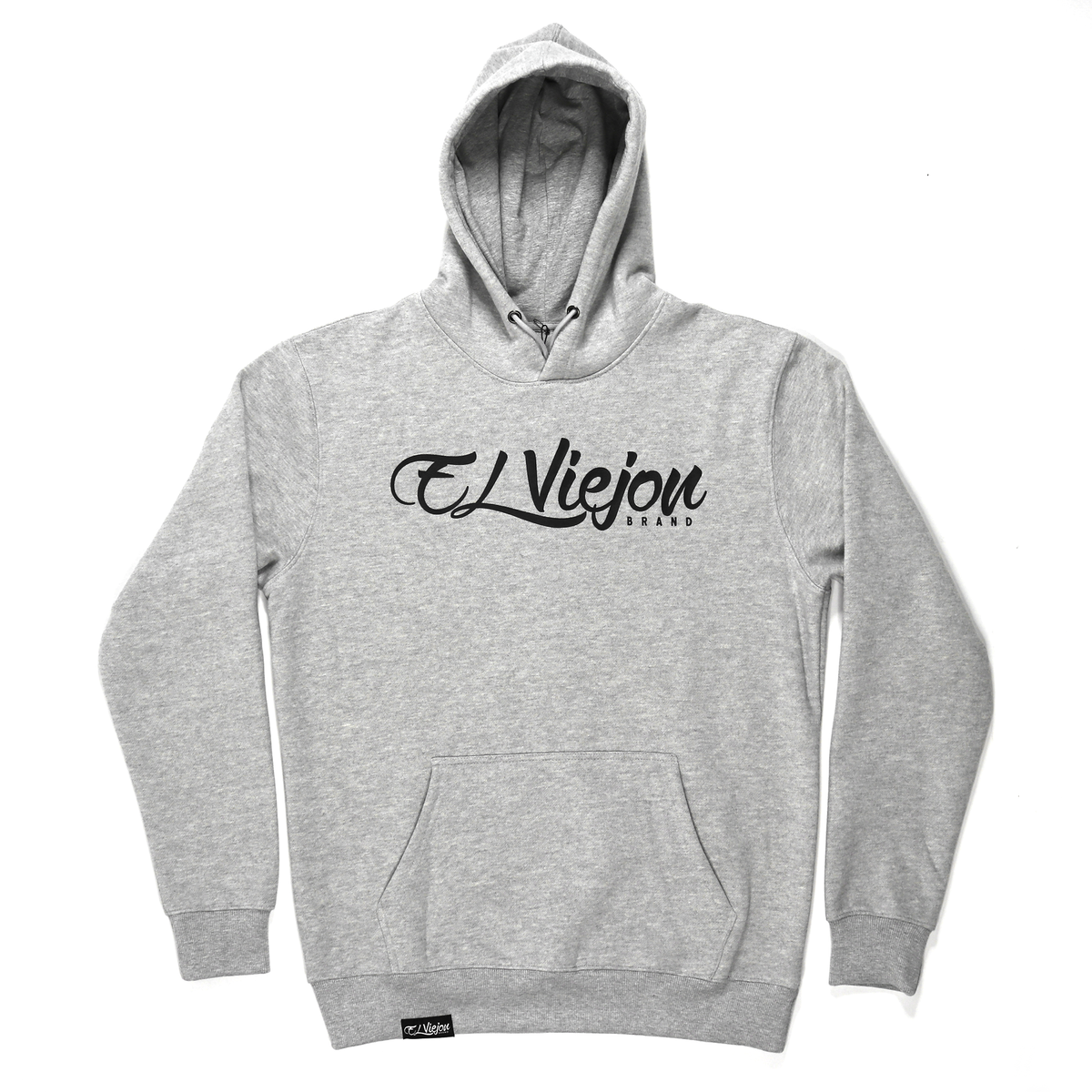 Origen heather grey cotton/poly fleece hoodie with black "El Viejon Brand" logo and front pocket.