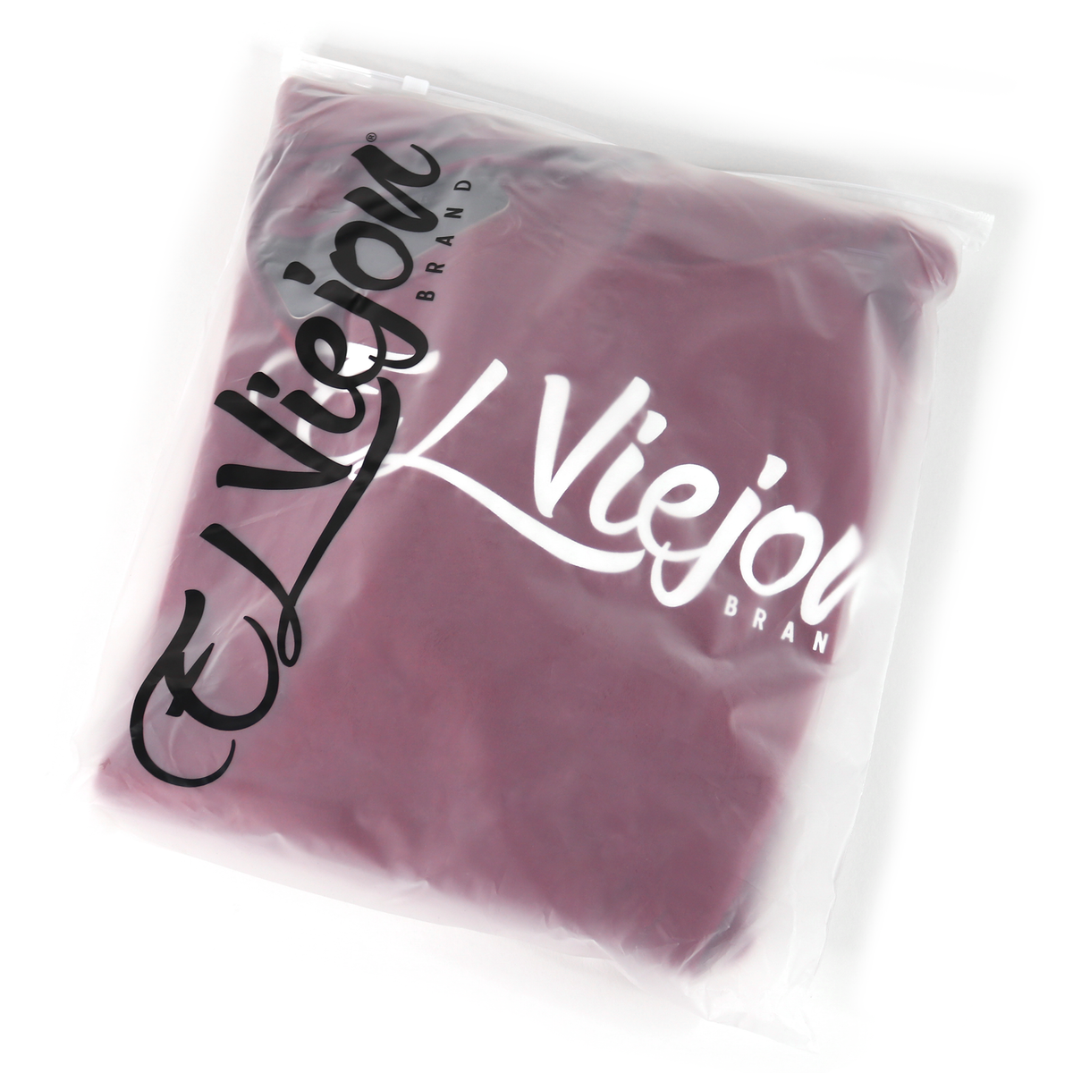 Origen maroon cotton/poly fleece hoodie, folded and sealed in a clear plastic bag with "El Viejou Brand" logo.