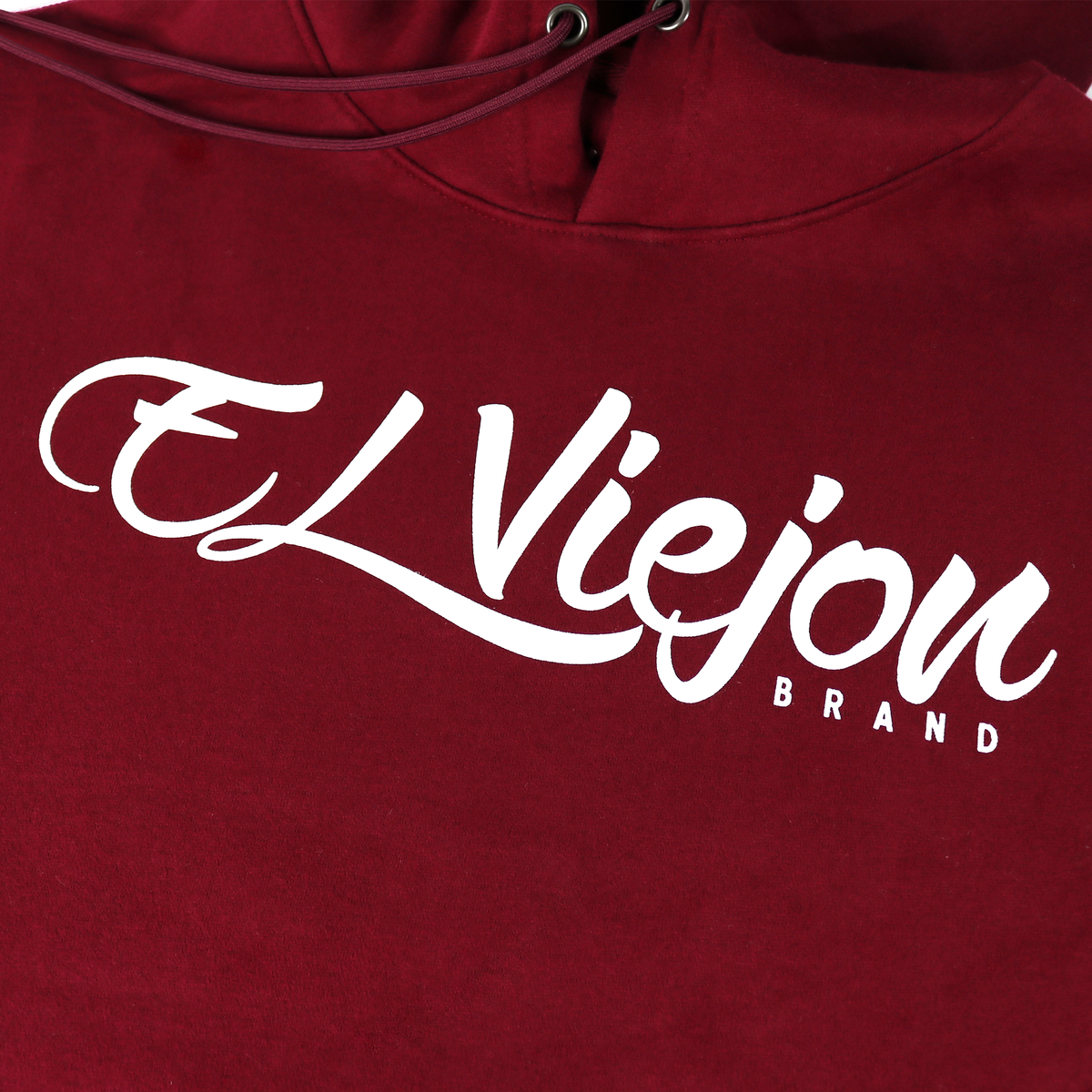 Maroon cotton/poly fleece hoodie with white "EL ViejoN BRAND" screen-printed logo and drawstrings.