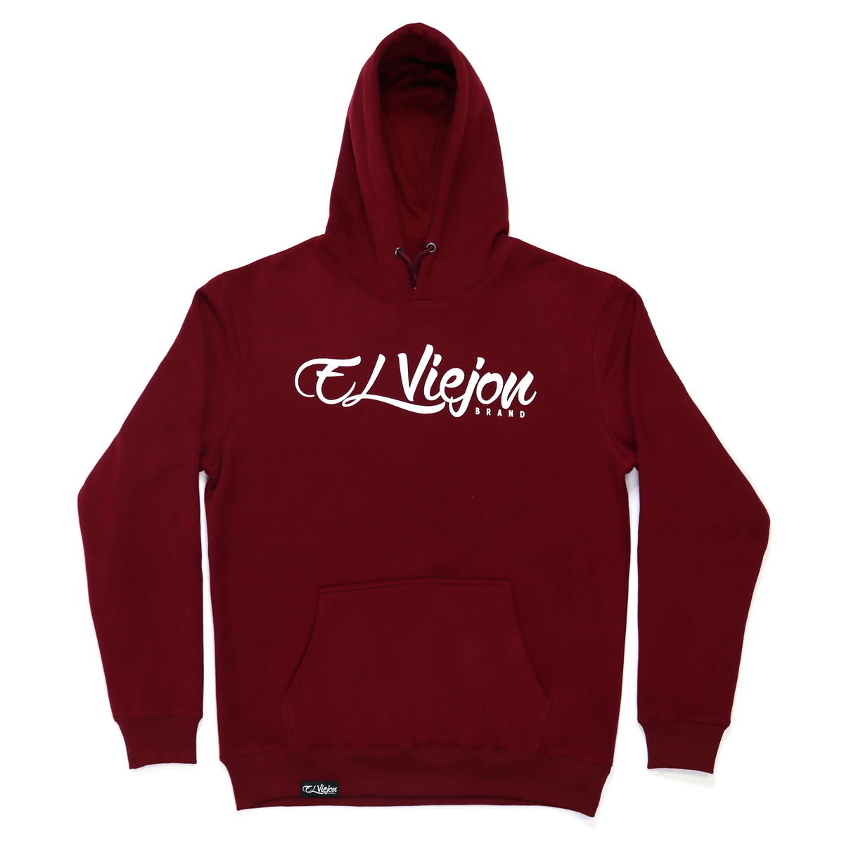 Hoodie Origen maroon de algodón/poly fleece con logo El Viejou blanco serigrafiado y bolsillo frontal.