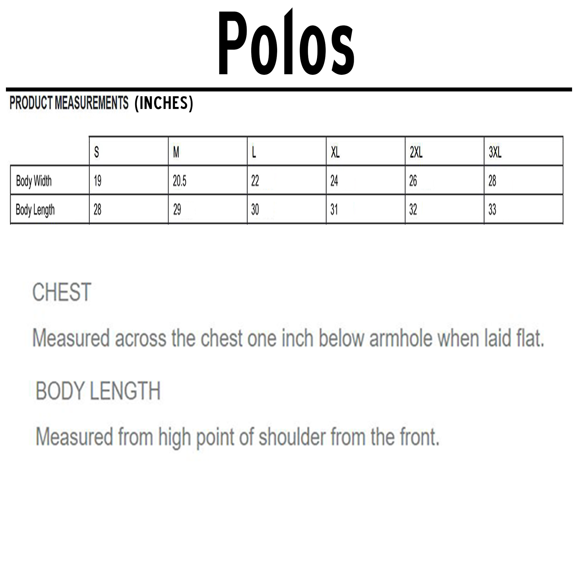 Polo shirt size chart with body width and length measurements in inches for S to 3XL.
