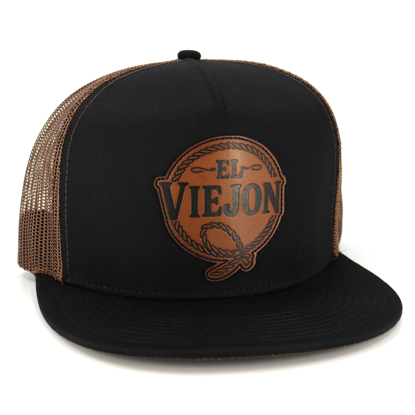 Rienda Black/Brown flat visor hat with "EL VIEJON" leather patch, black front, and brown mesh back.
