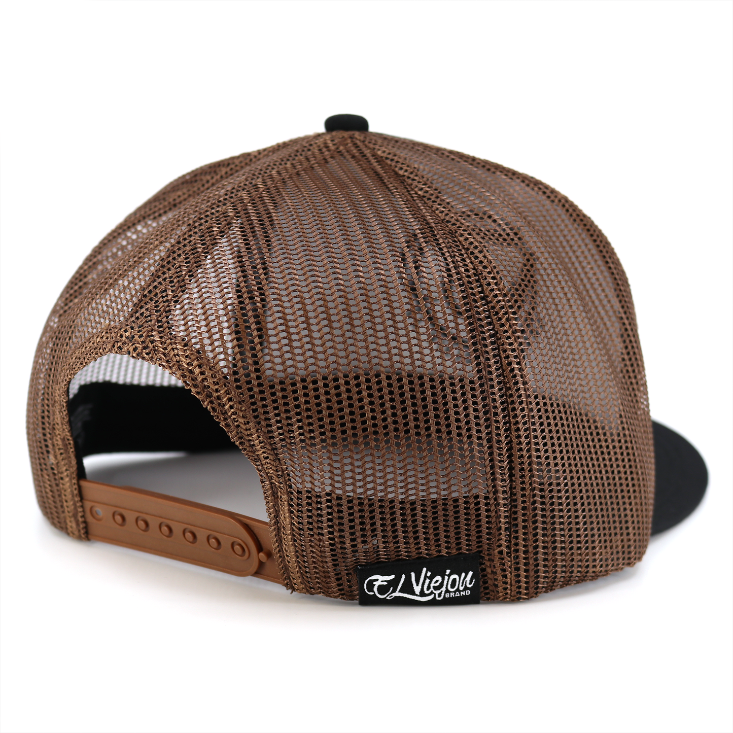 Rienda Black/Brown flat visor hat with brown mesh back, black front, and adjustable snapback.