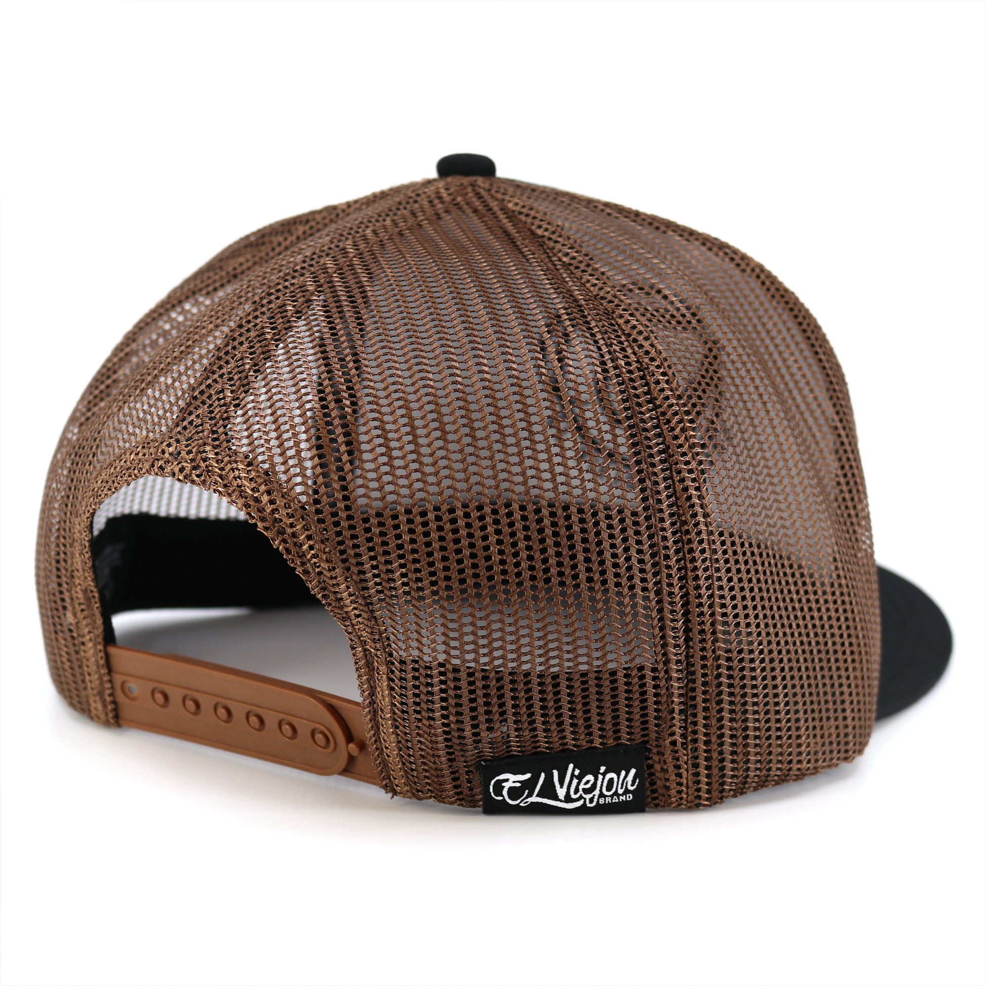 Rienda Black/Brown flat visor hat with brown mesh back, black front, and adjustable snapback.