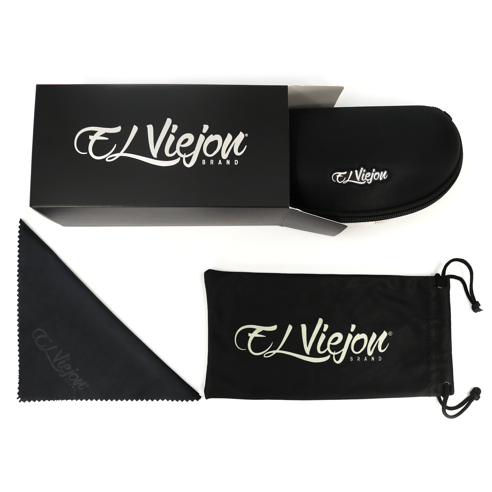 El Viejon Brand black sunglasses case, cloth pouch, and cleaning cloth with white logo.