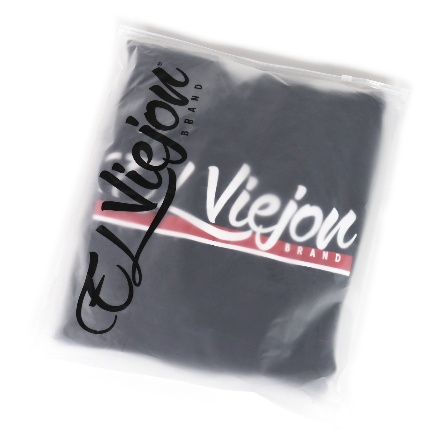 Black Alpha Hoodie by El Viejon Brand, folded in a clear plastic bag with screen-printed logo.