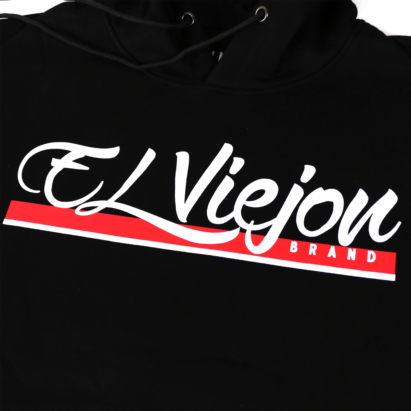 Black cotton/poly fleece hoodie with "EL ViejoN BRAND" logo in white script over a red stripe.