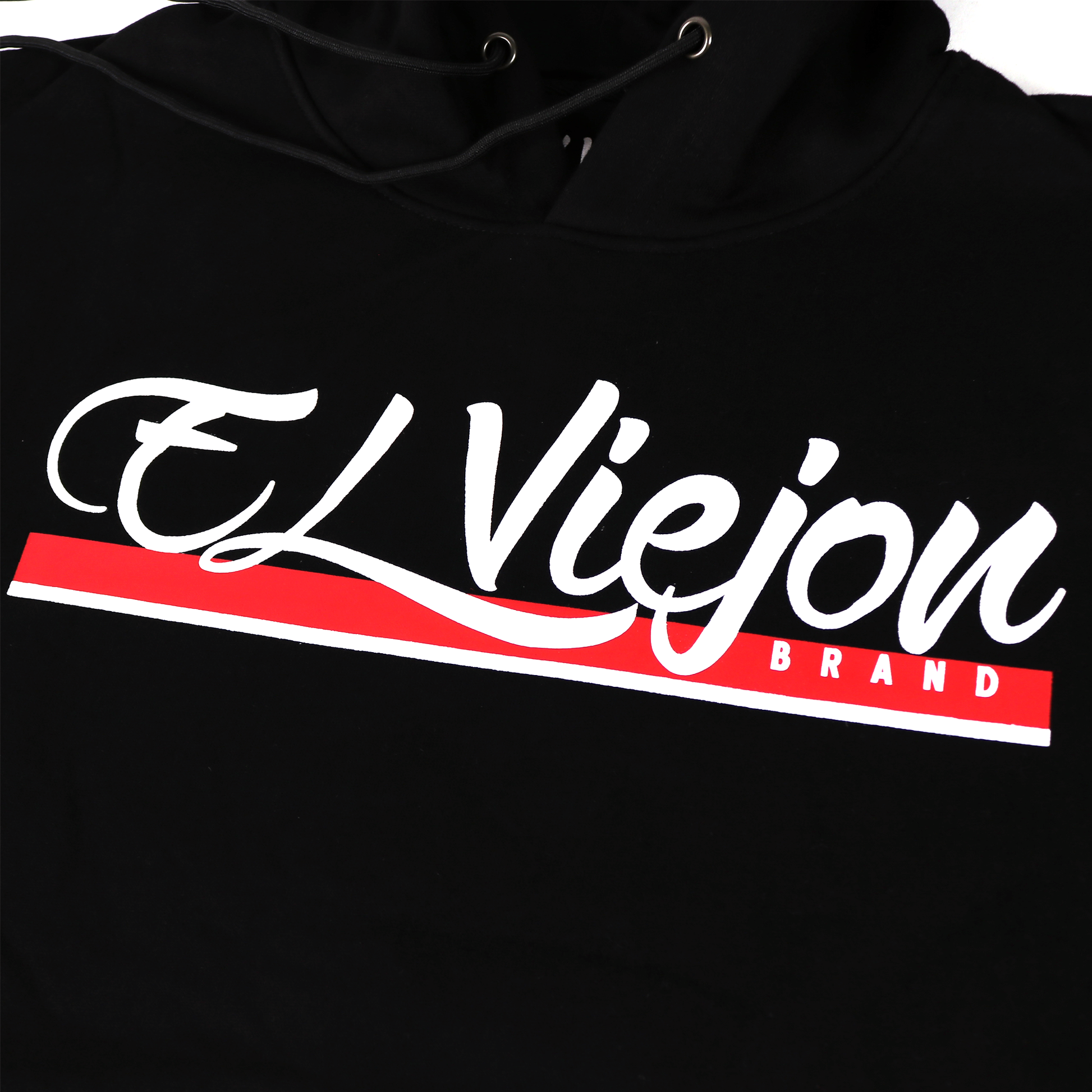 Black cotton/poly fleece hoodie with "EL ViejoN BRAND" logo in white script over a red stripe.