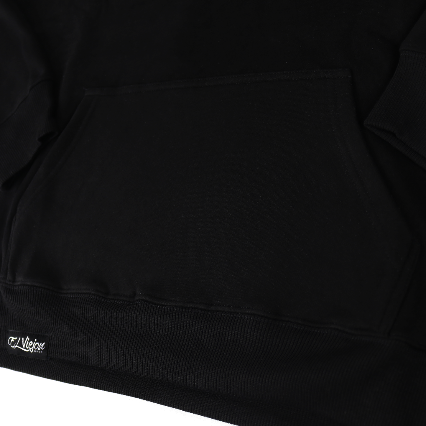 Black cotton/poly fleece hoodie with front pocket and "El Viejon" brand tag.