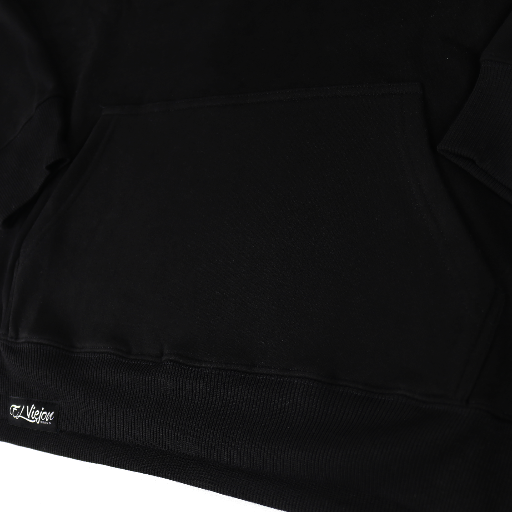 Black cotton/poly fleece hoodie with front pocket and "El Viejon" brand tag.