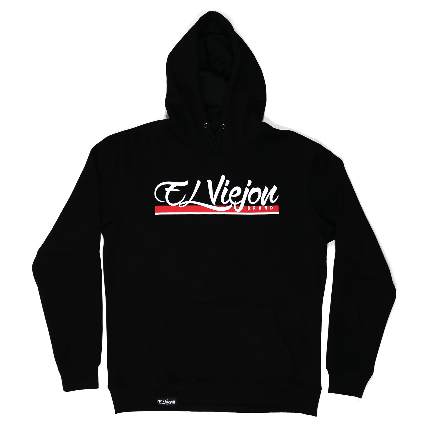 Black cotton/poly fleece hoodie with "El Viejon Brand" logo in white and red, front pocket.