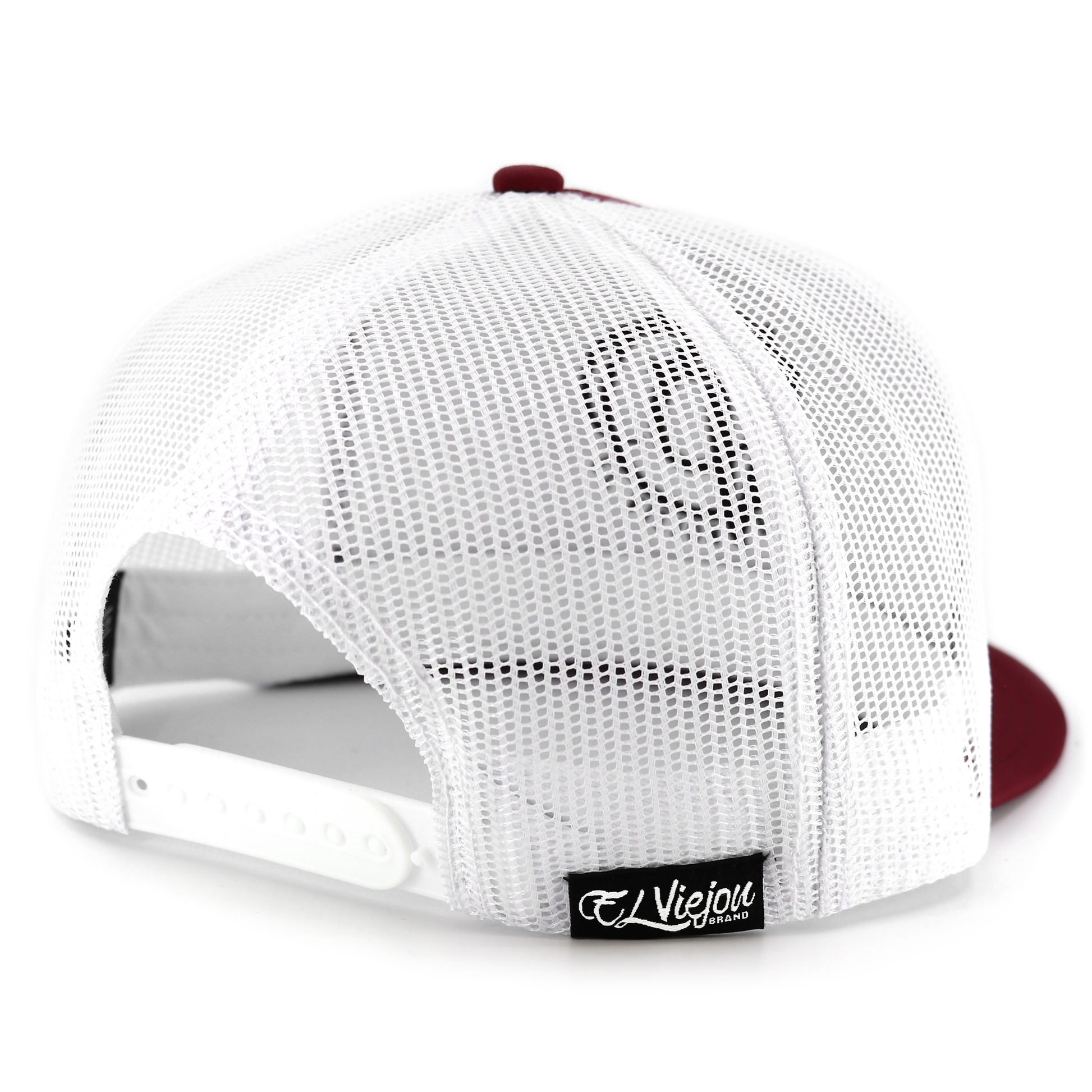 Maroon and white mesh snapback hat with flat visor and "El Viejou Brand" tag.