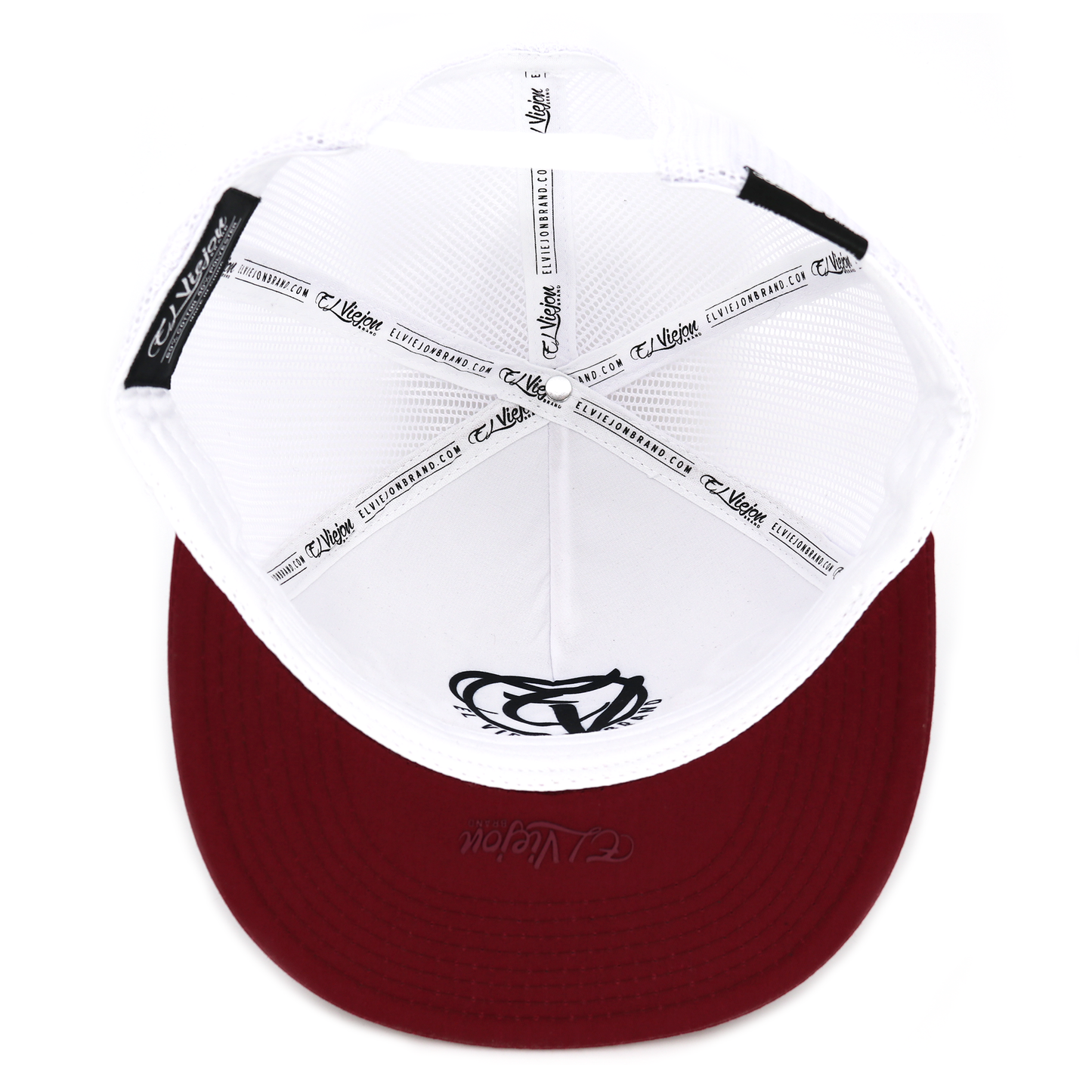 No Pasa Nada maroon/white flat visor hat with white mesh, adjustable snapback, and black logo.