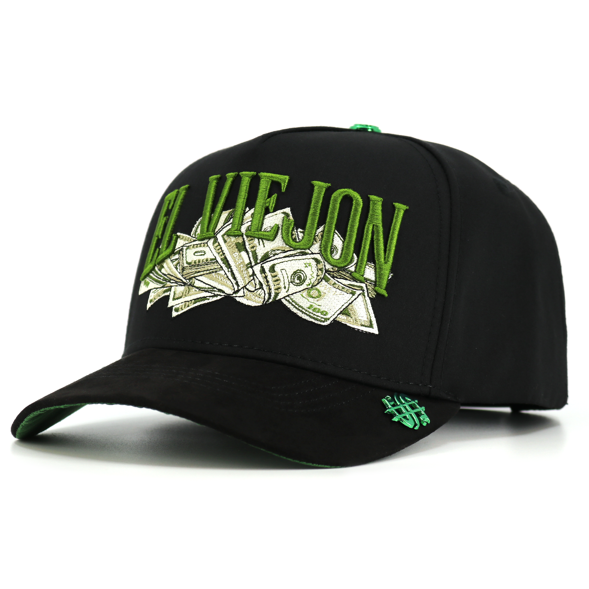Black cap with green and white design on a white background