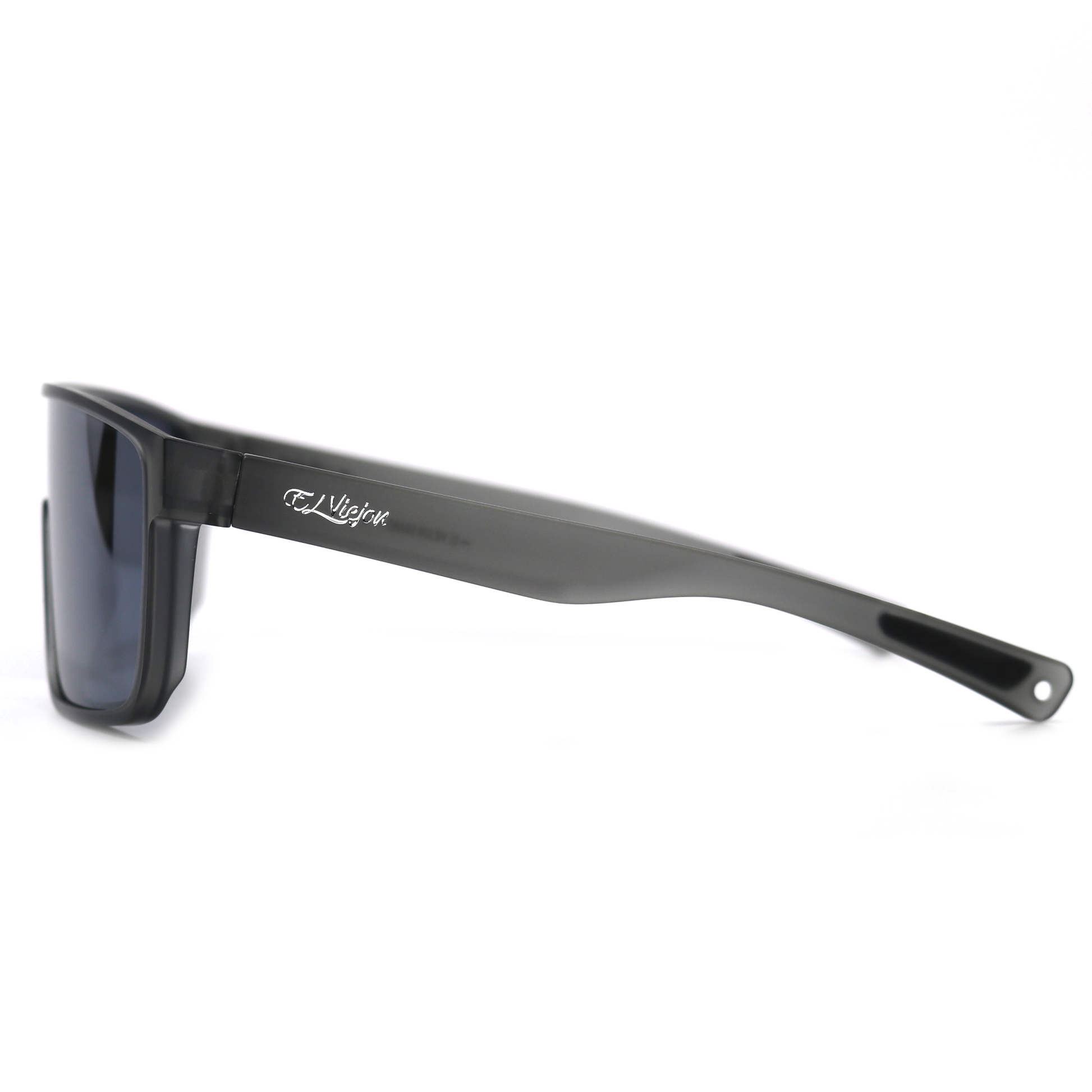 El Viejon Brand Ghost sunglasses with translucent gray acetate frame and dark polarized lenses.
