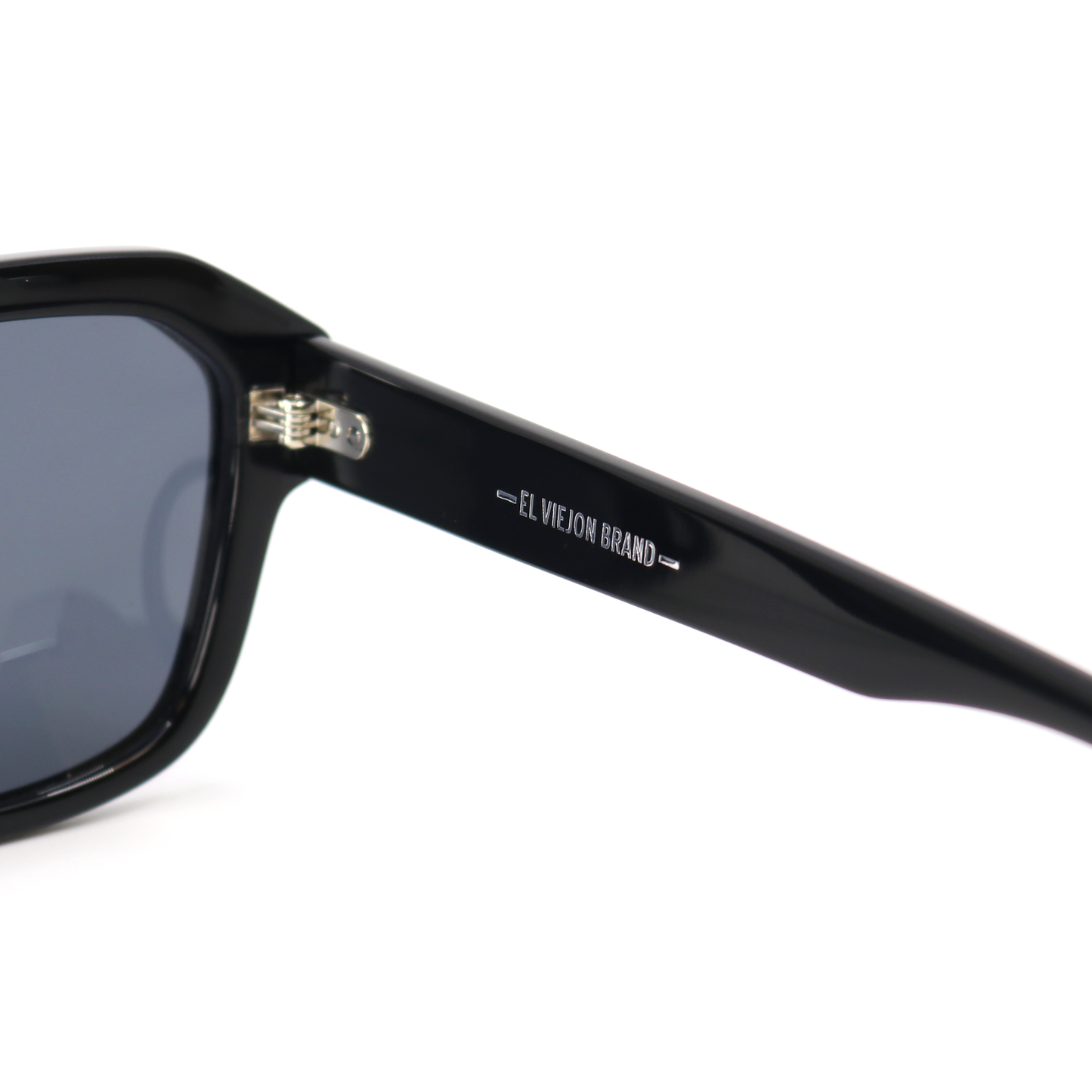 Black acetate Gobernador sunglasses with polarized lenses and El Viejon Brand logo on the temple.