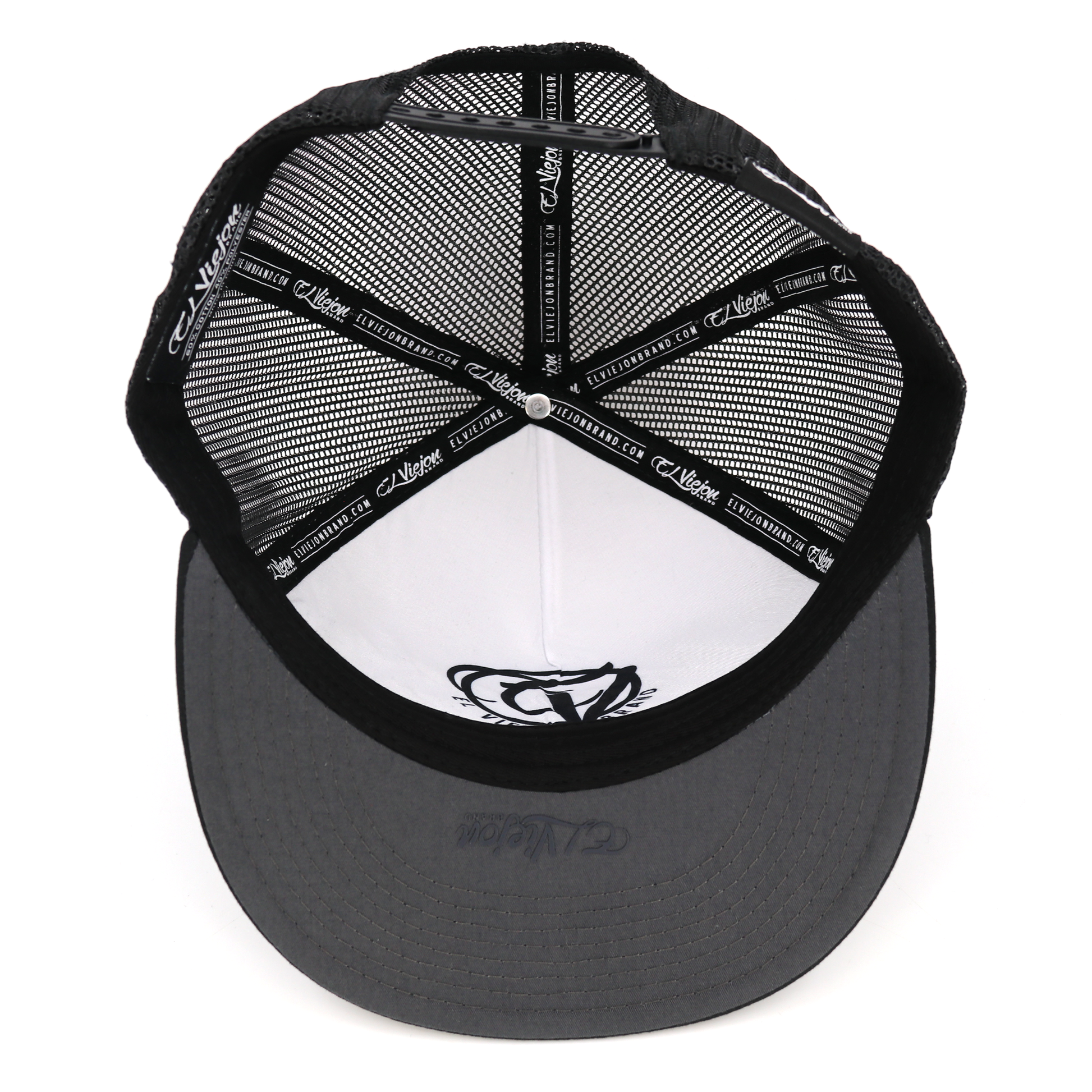 Muchacho Alegre black flat visor hat with charcoal logo, black mesh, and adjustable snapback.