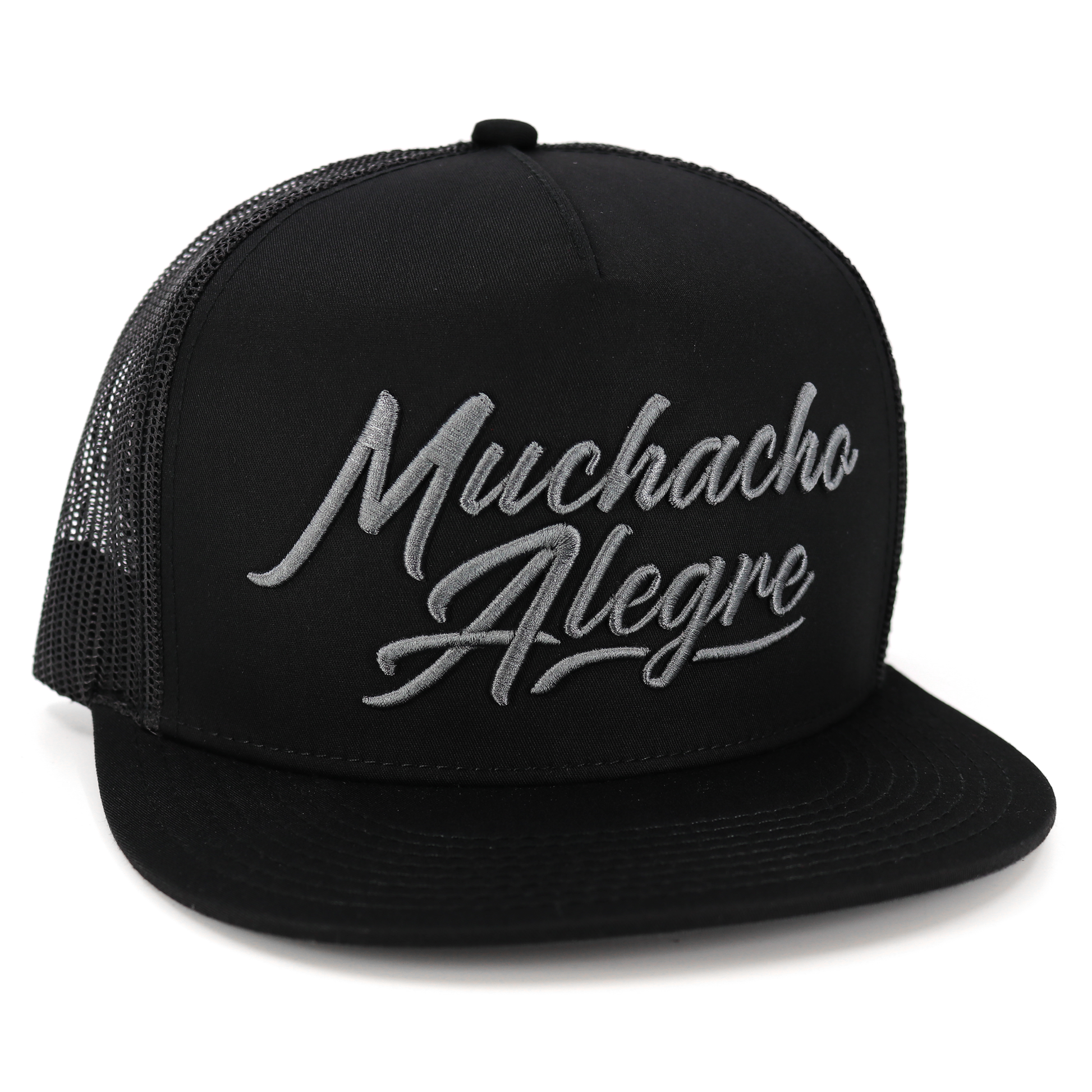 Muchacho Alegre black flat visor hat with charcoal embroidered logo and mesh back.