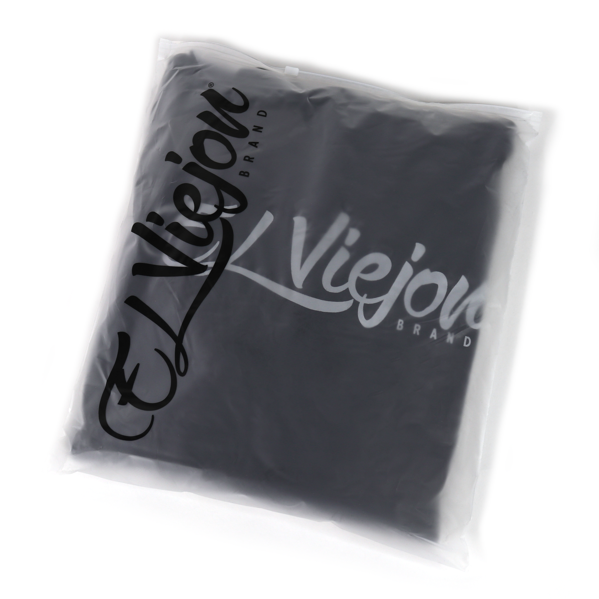 Origen black cotton/poly fleece hoodie, folded in clear plastic packaging with "El Viejon Brand" logo.
