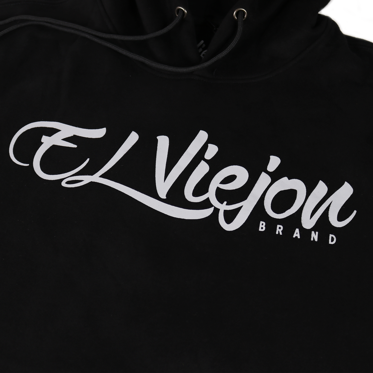 Black cotton/poly fleece hoodie with white "El Viejon Brand" script logo on front.