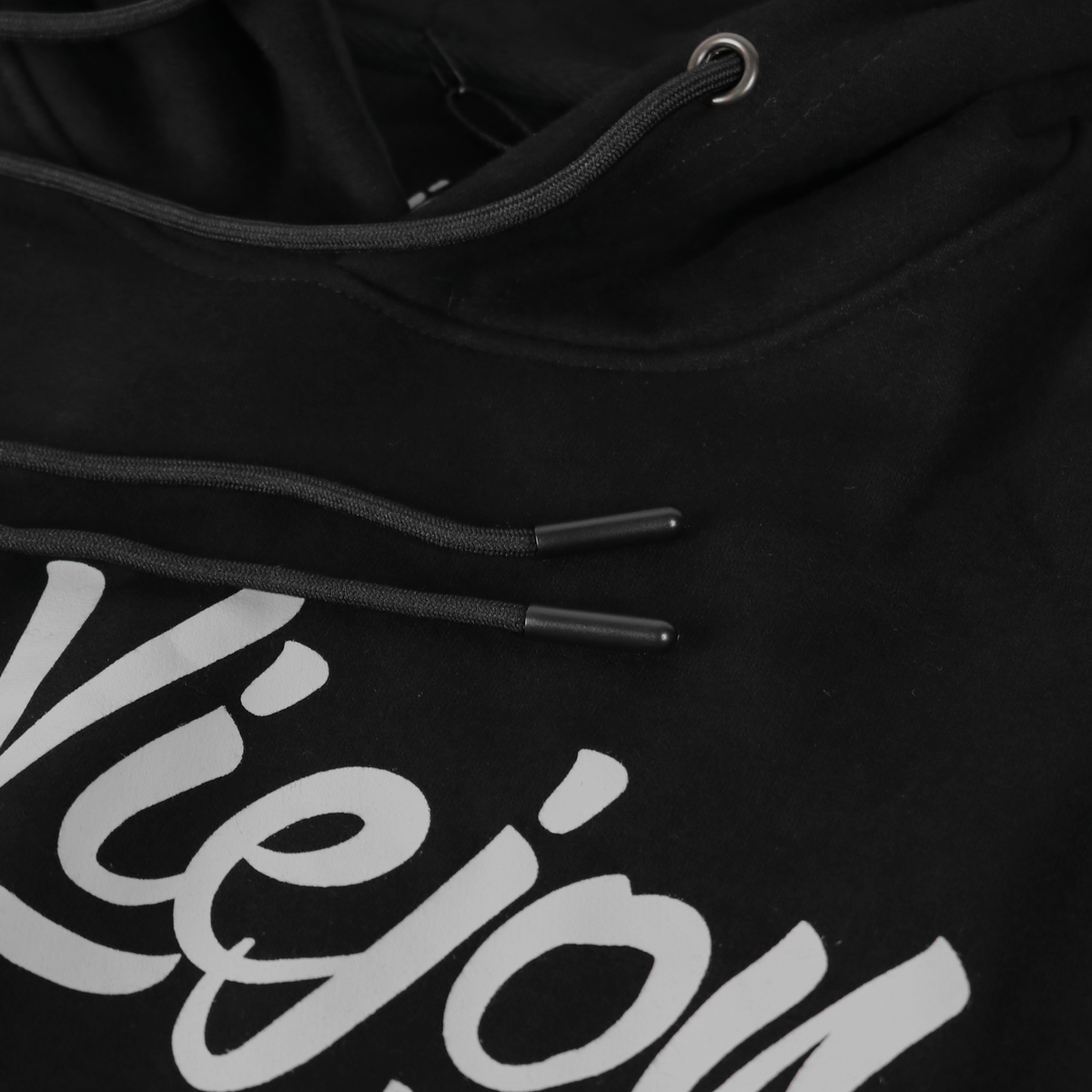 Black cotton/poly fleece hoodie with white "Viejo" screen-printed logo and drawstring hood.