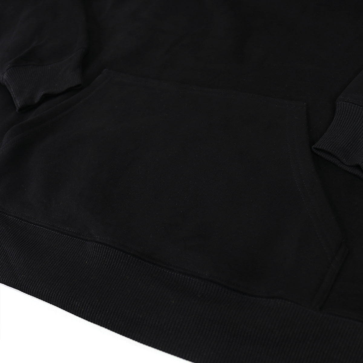 Origen black cotton/poly fleece hoodie with front pocket and ribbed cuffs.