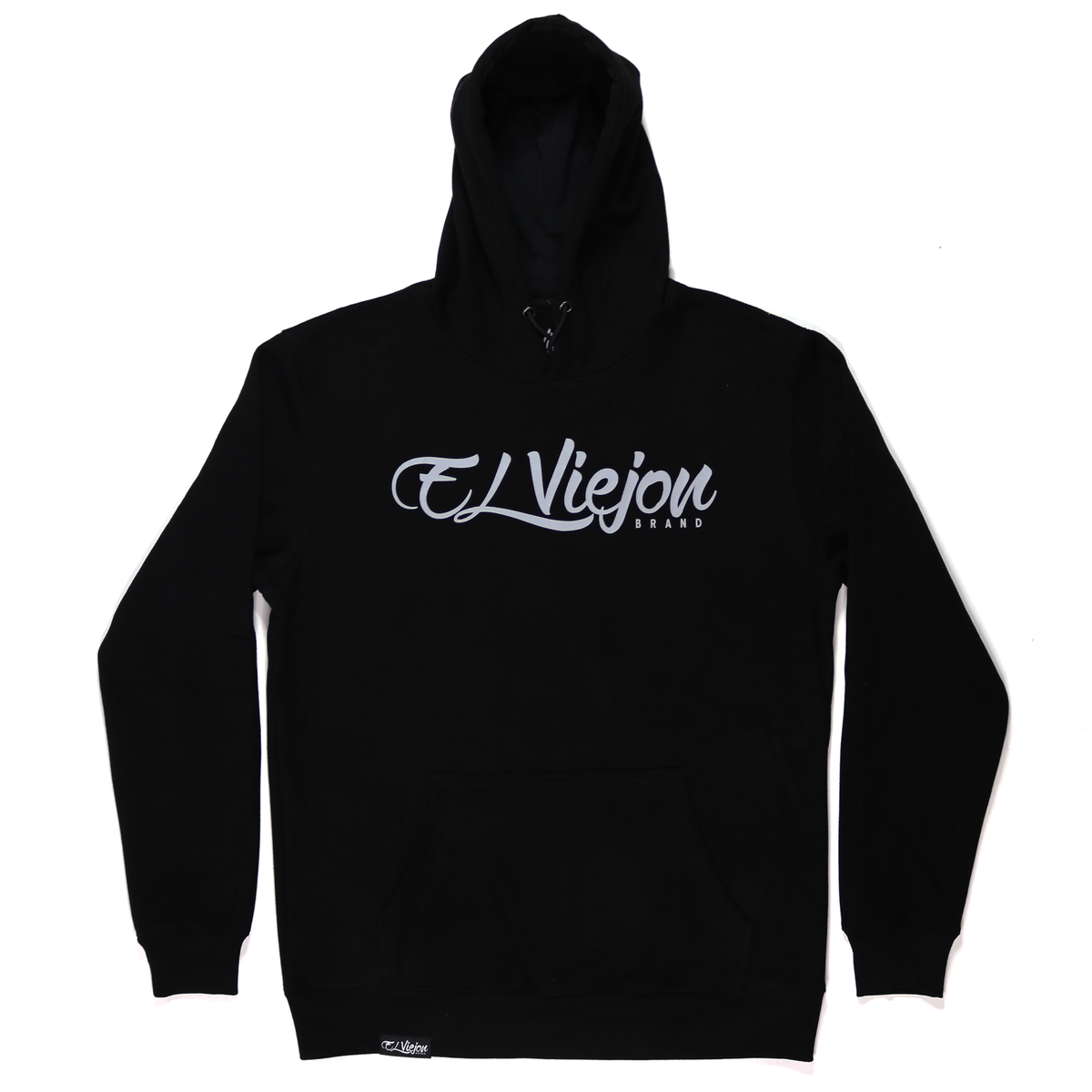 Black cotton/poly fleece hoodie with "El Viejon Brand" screen-printed in light gray script on the front.