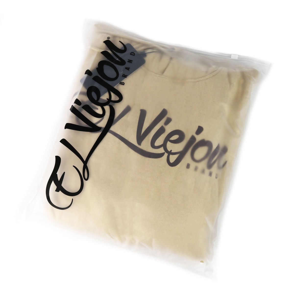 Origen sand cotton/poly fleece hoodie, folded in clear packaging with black "El Viejon Brand" logo.