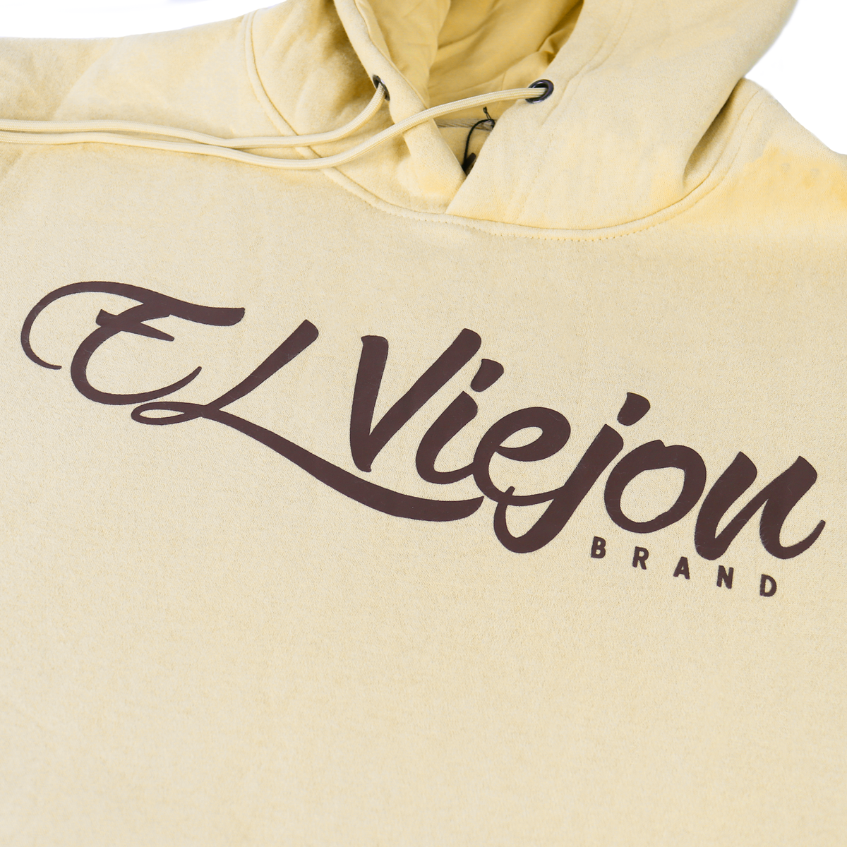 Origen sand cotton/poly fleece hoodie with "El Viejon Brand" screen-printed logo and drawstrings.