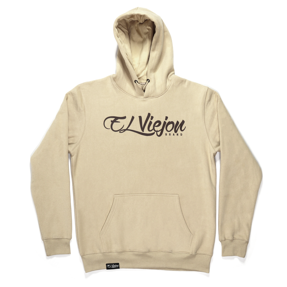 Origen sand cotton/poly fleece hoodie with "El Viejou Brand" screen-printed logo and front pocket.