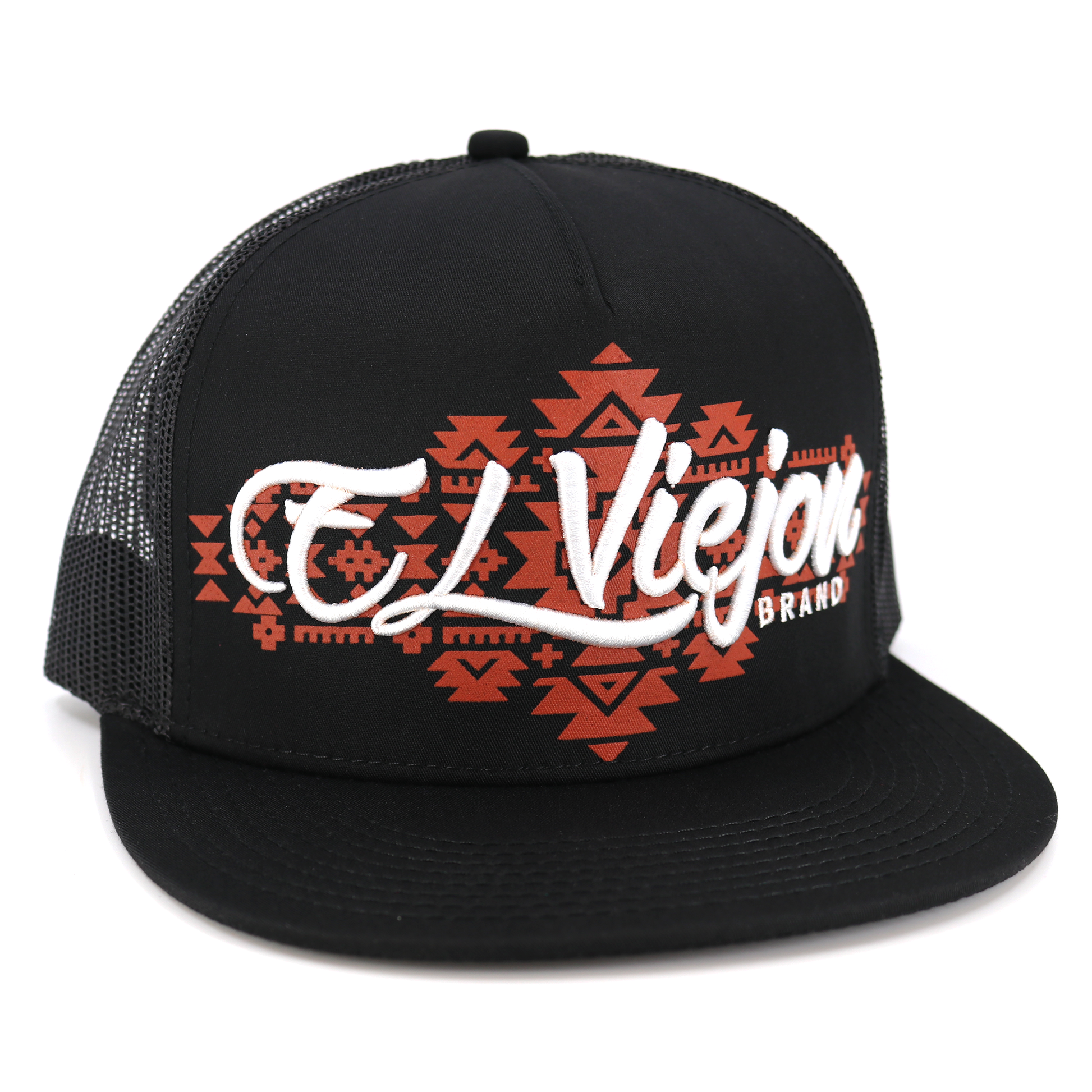 Black Yucca flat visor hat with "El Viejon Brand" in white over a red Aztec pattern, black mesh back.