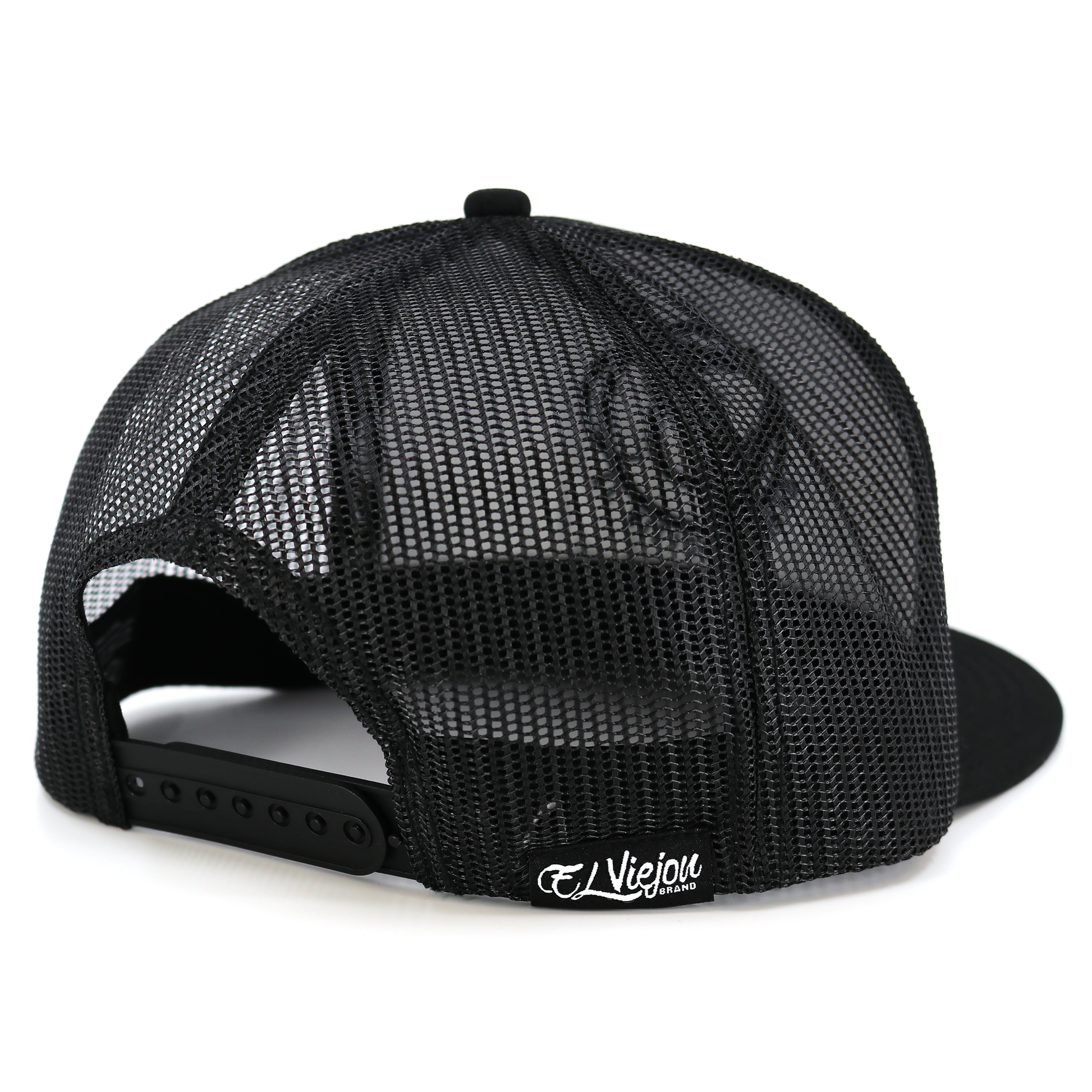 Zero Miedo black flat visor hat, high profile, black mesh back, adjustable snapback closure.