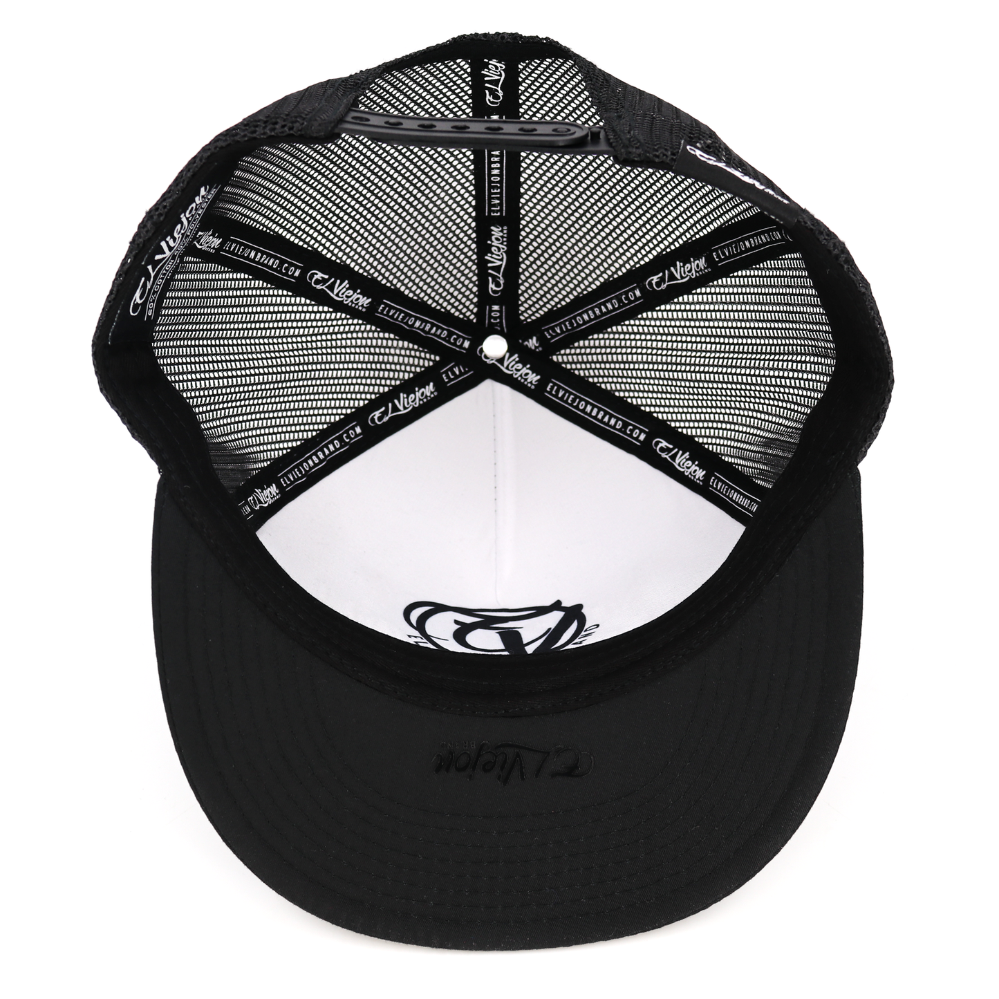 Black Yucca flat visor hat with black mesh back, white interior, and adjustable snapback.